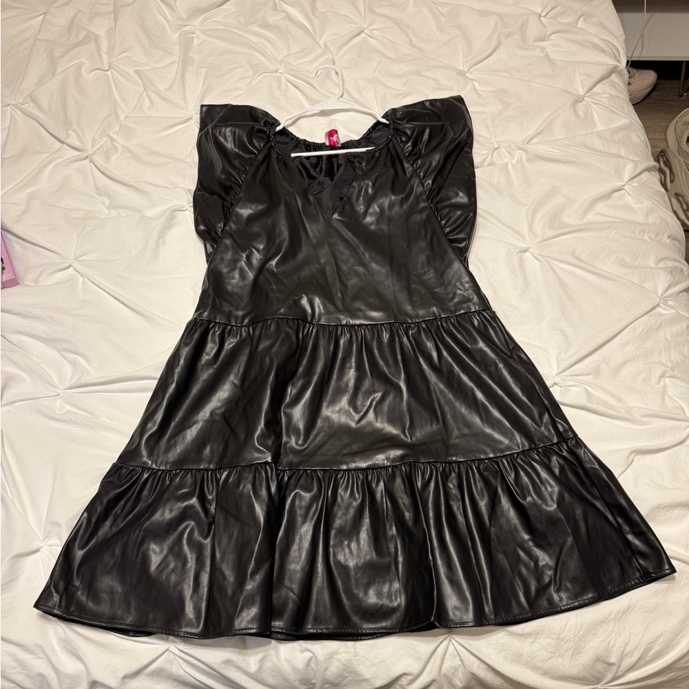 Buddy Love Women's Black Ronnie Ruffle Sleeve Black Leather Dress - Size Large